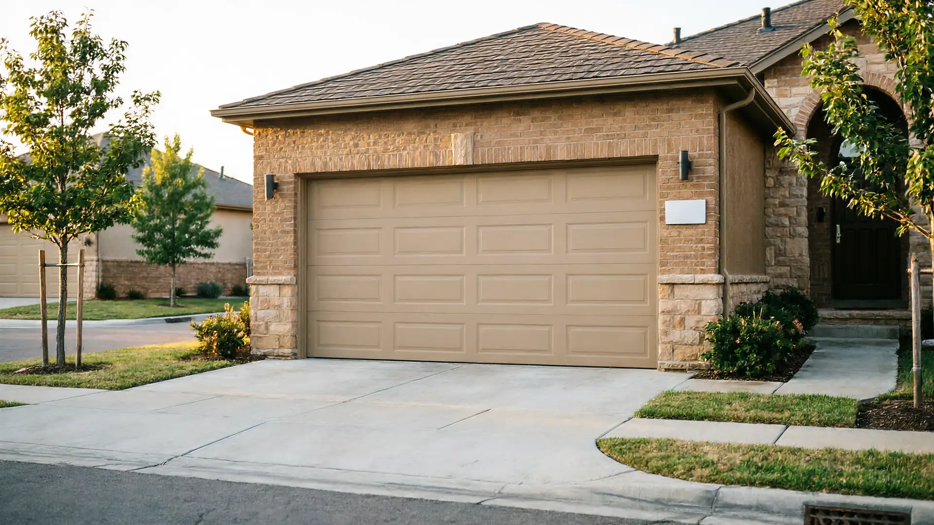 A tan garage door is on a brick house with a brown roof.