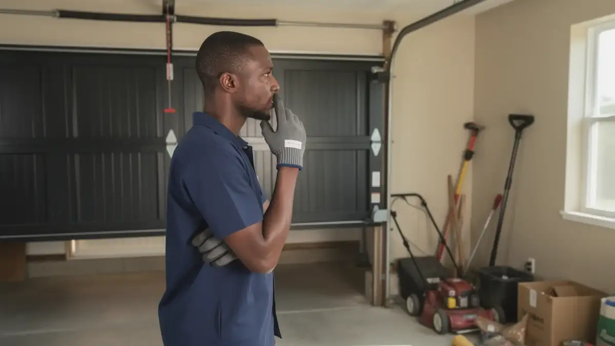 A technician in a blue shirt and gray gloves stands in a garage.