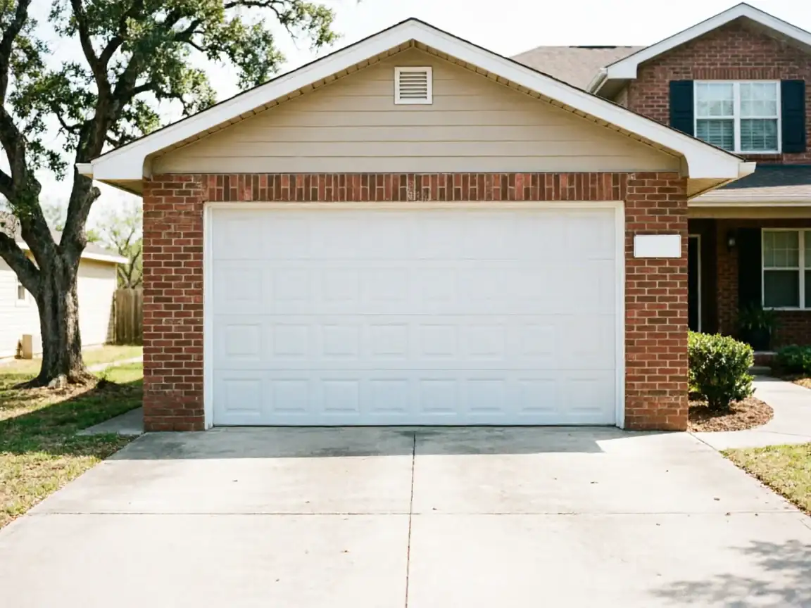A white paneled garage door is centered on a brick house with a concrete driveway.